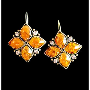 Vintage Liz Claiborne Amber Crackle Glass Drop Earrings Pink Rhinestone